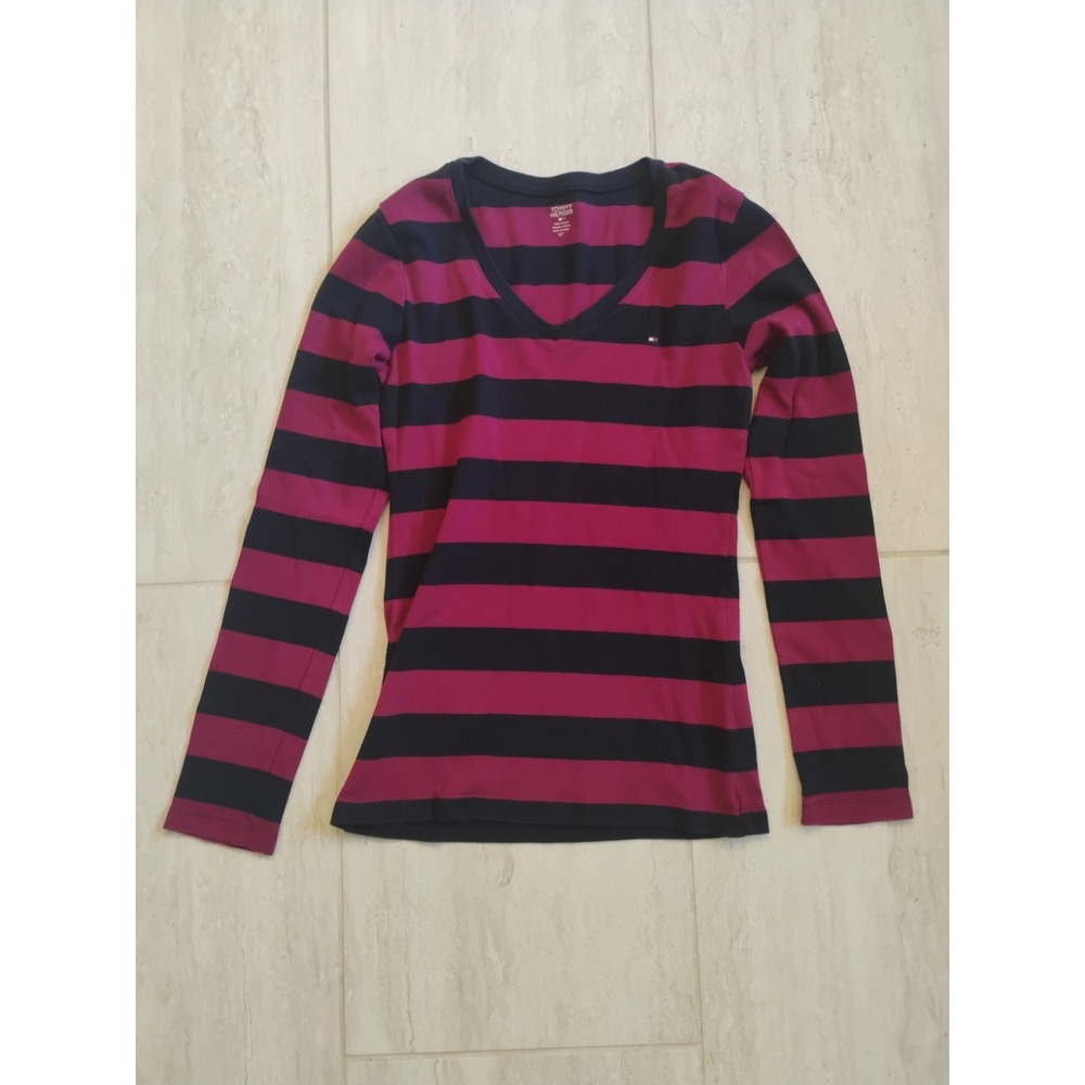 Tommy Hilfiger Long Sleeve Top Womens Small Blouse Purple Blue Stripes Slim Y2K